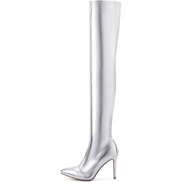 Women Silver Polyurethane Over The Knee High Stretchy Leather Thigh High Boots - Picture 2 of 5